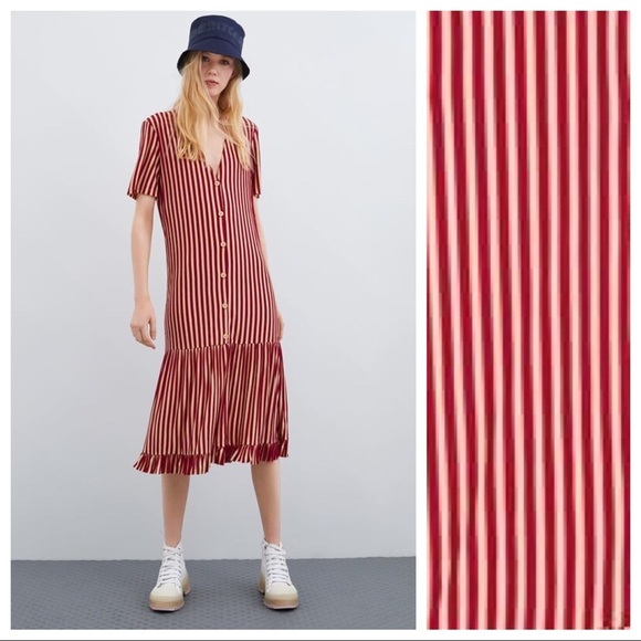 NWT. Zara Red/Yellow Striped Midi Dress. Size M. - Picture 1 of 7